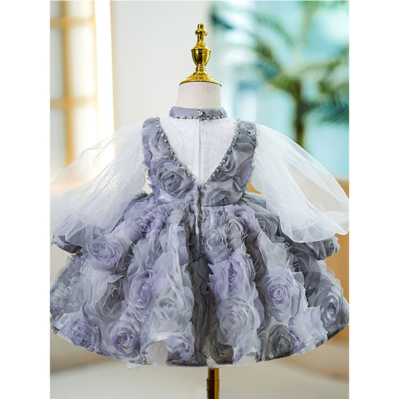 Baby Girl First Communion Dress Flower Girl Princess Dress Rose Beaded Mesh Fluffy Dress