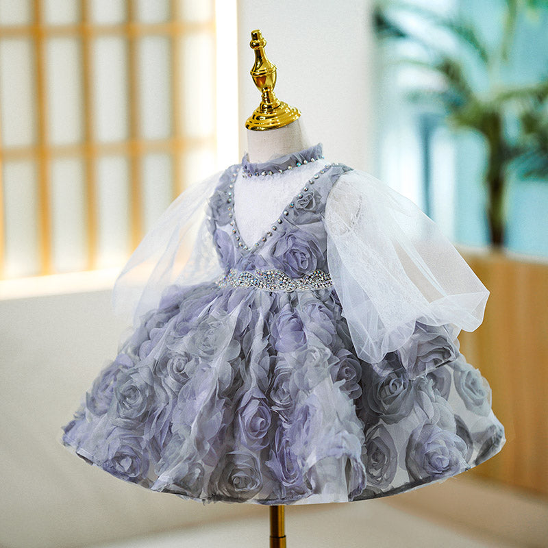 Baby Girl First Communion Dress Flower Girl Princess Dress Rose Beaded Mesh Fluffy Dress