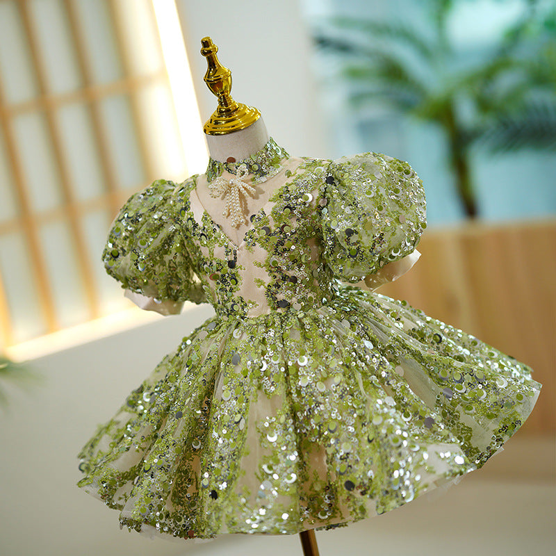 Baby Girl Summer Green Puff Sleeve Sequin Birthday Party Princess Dress