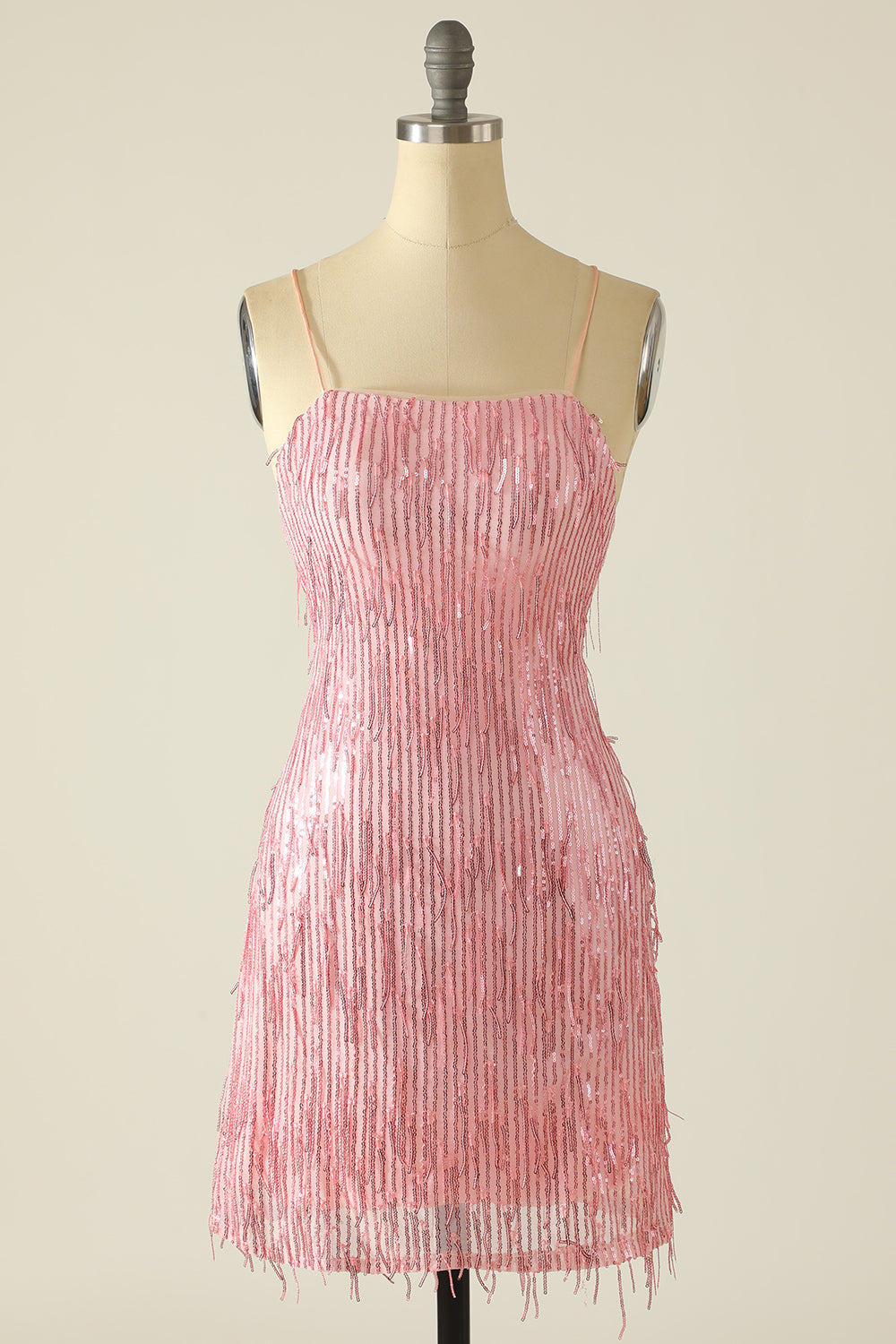 Sheath Spaghetti Straps Pink Sequins Short Homecoming Dress