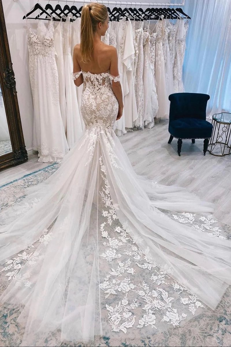 Off the Shoulder Long Lace Mermaid Wedding Dress
