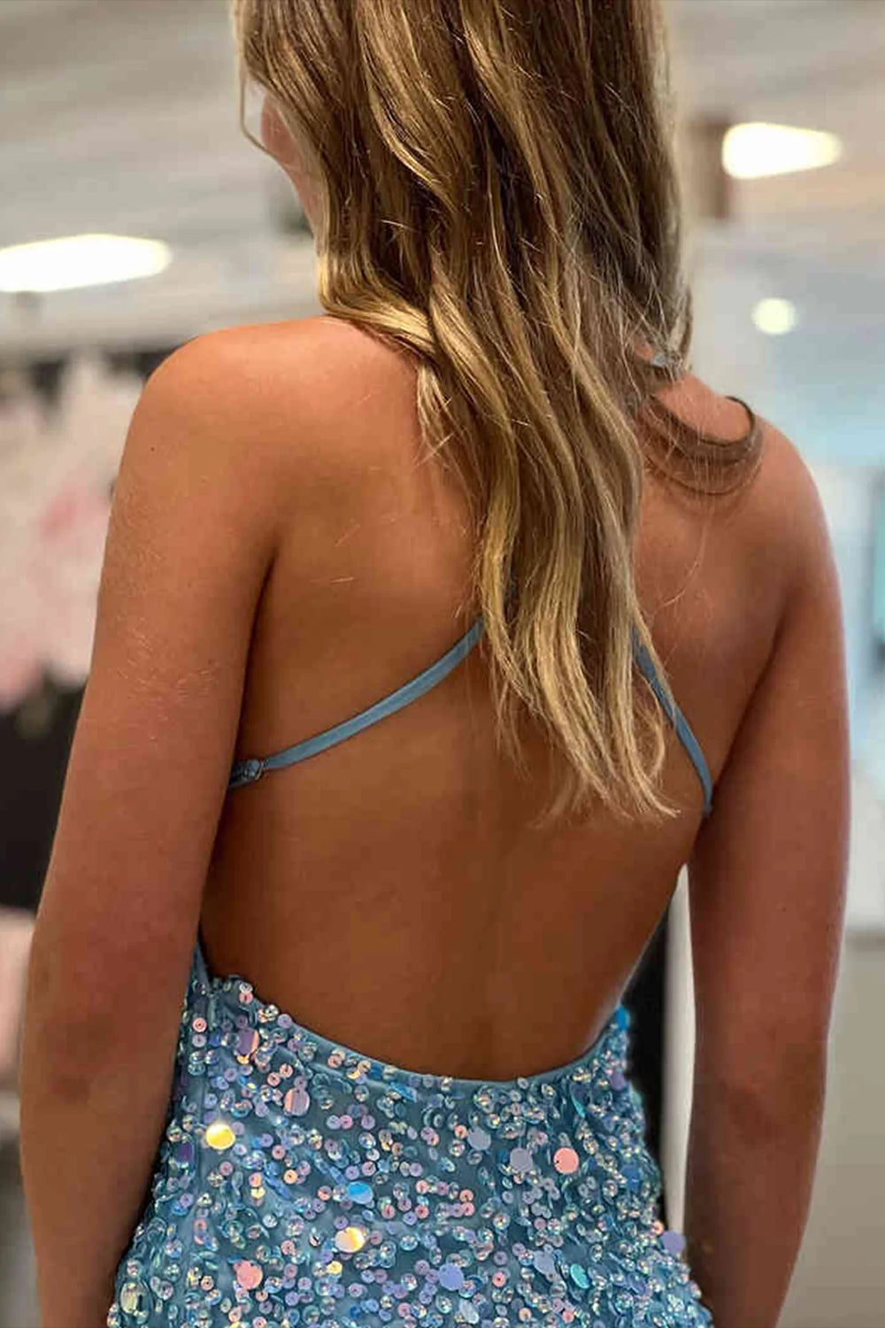 Blue Sequins Backless Tight Homecoming Dress