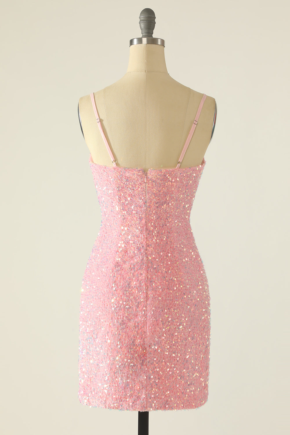 Sheath Spaghetti Straps Pink Sequins Short Homecoming Dress