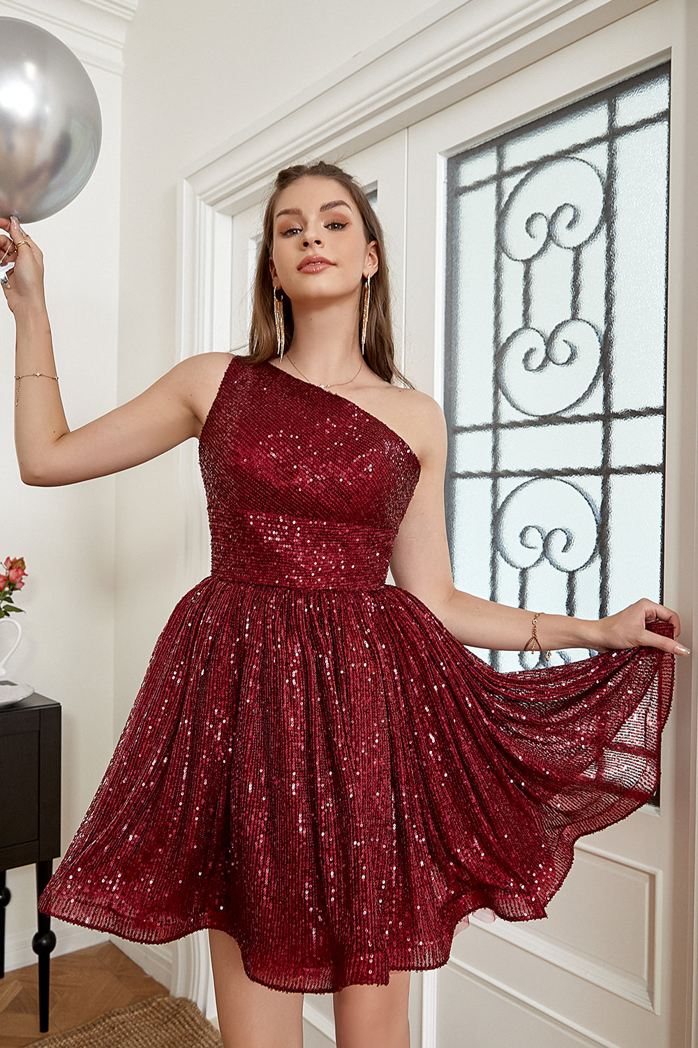 One Shoulder Sequin A-line Short Prom Dress