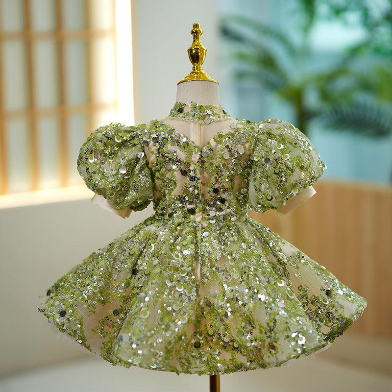 Baby Girl Summer Green Puff Sleeve Sequin Birthday Party Princess Dress