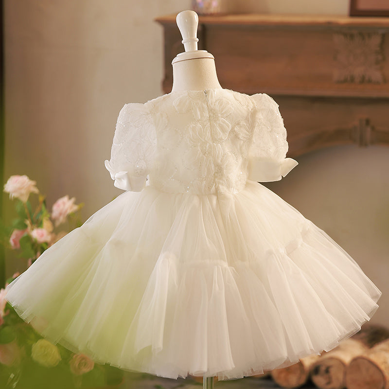 Newborn White Bow Baptism Dress Baby Girl Sequins Dress Toddler Prom Dress