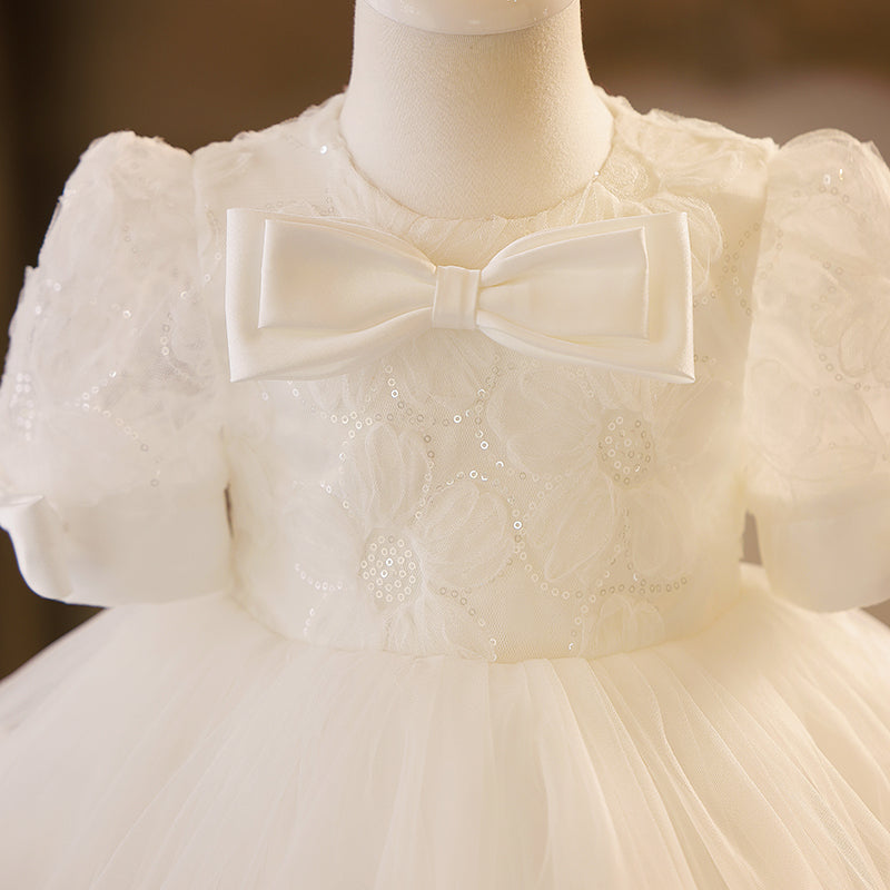 Newborn White Bow Baptism Dress Baby Girl Sequins Dress Toddler Prom Dress