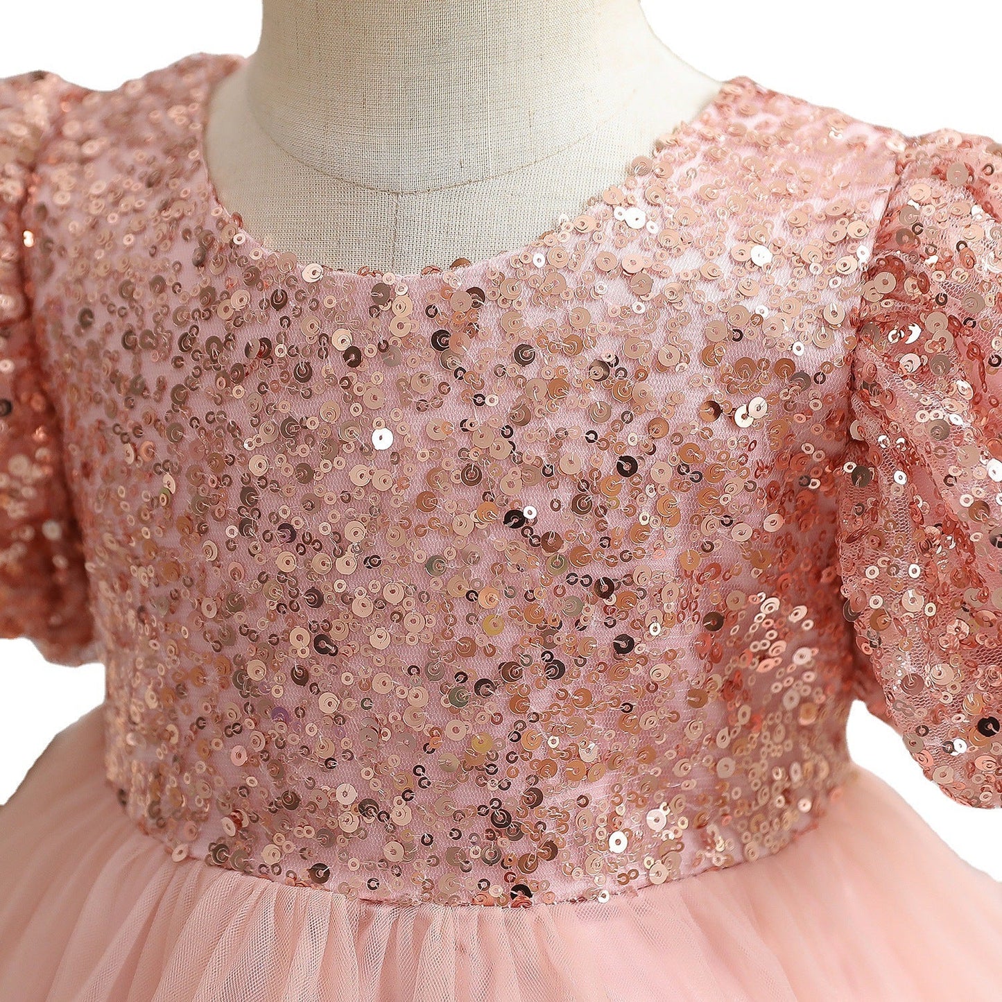 Baby Girl First Communion Dress Girl Pink Sequin Bow Fluffy Birthday Party Dress