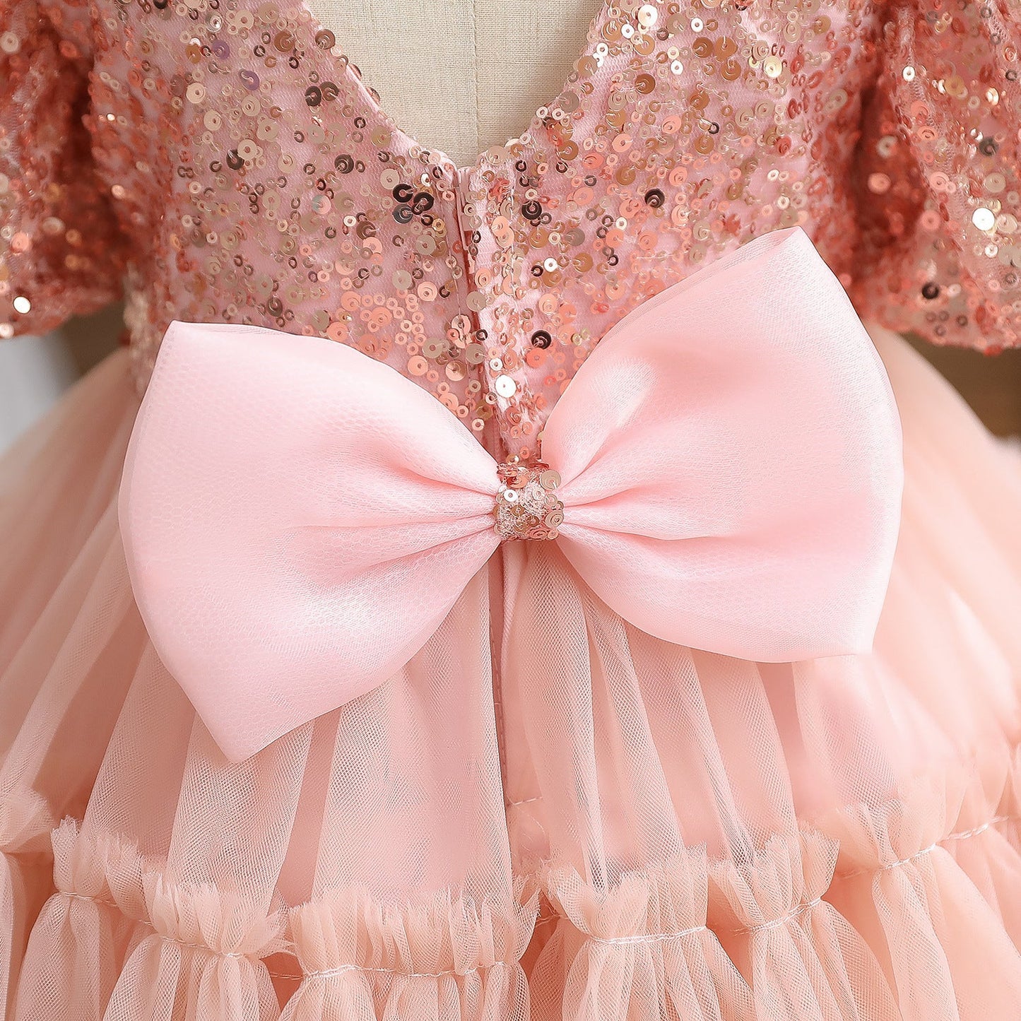 Baby Girl First Communion Dress Girl Pink Sequin Bow Fluffy Birthday Party Dress