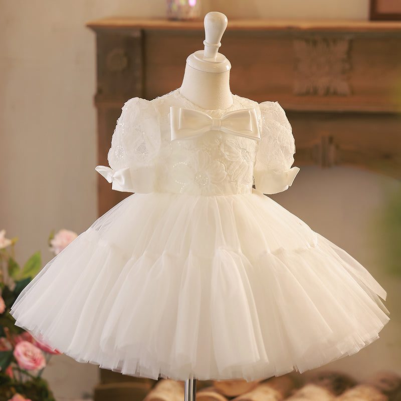 Newborn White Bow Baptism Dress Baby Girl Sequins Dress Toddler Prom Dress