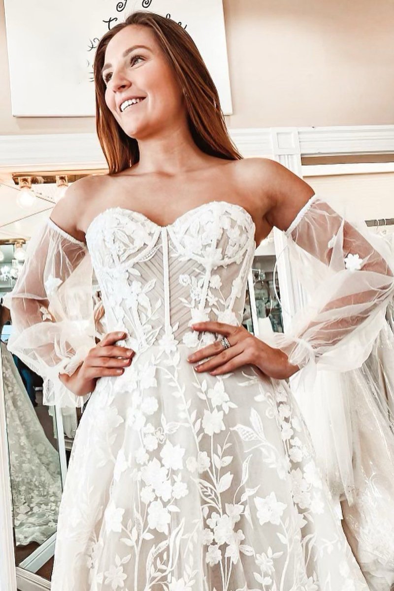 Lace A-Line Detachable Long Sleeves Corset Long Wedding Dress
