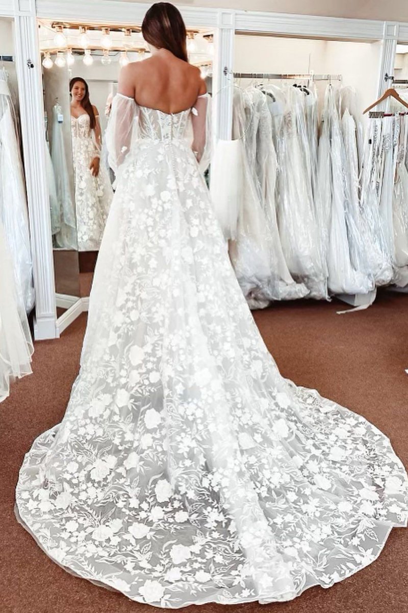 Lace A-Line Detachable Long Sleeves Corset Long Wedding Dress