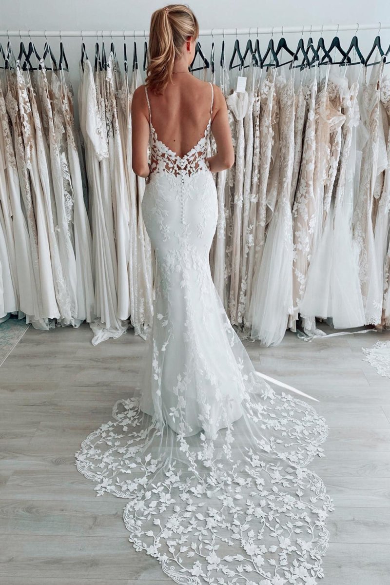 Spaghetti Straps Backless Long Wedding Dress with Lace