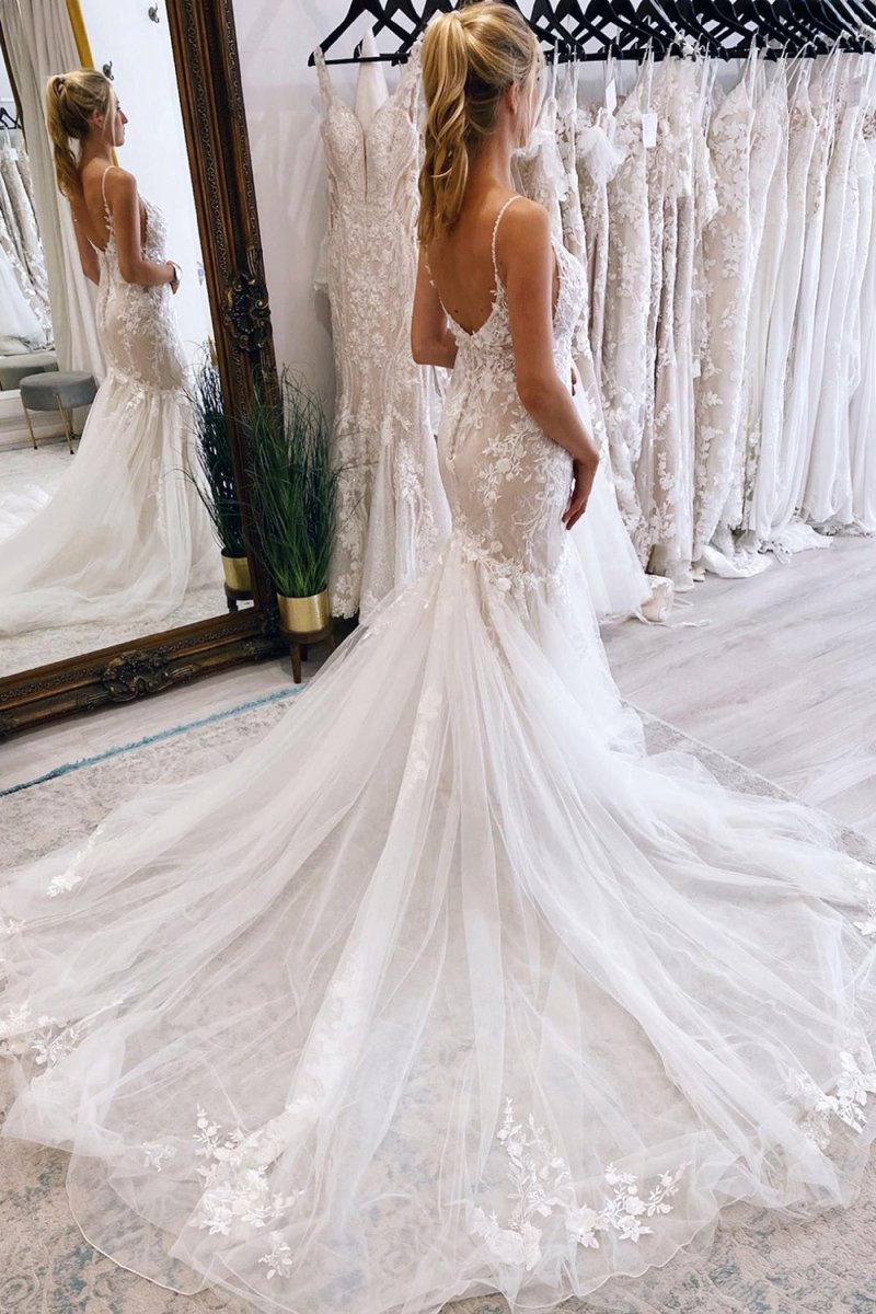Mermaid Tulle Spaghetti Straps Long Wedding Dress
