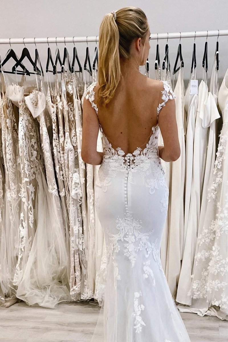Mermaid Deep V-Neck Backless Long Wedding Dress with Lace