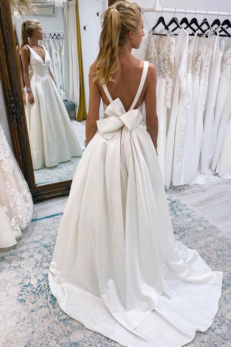 A-Line Deep V-Neck Long Wedding Dress with Bowknot