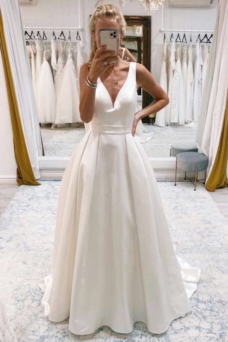 A-Line Deep V-Neck Long Wedding Dress with Bowknot