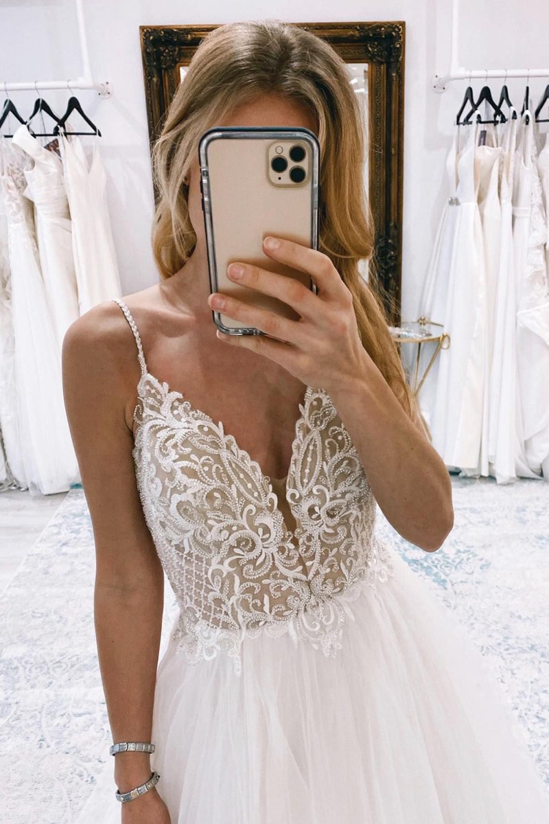 A-Line Backless Tulle Long Wedding Dress with Appliques