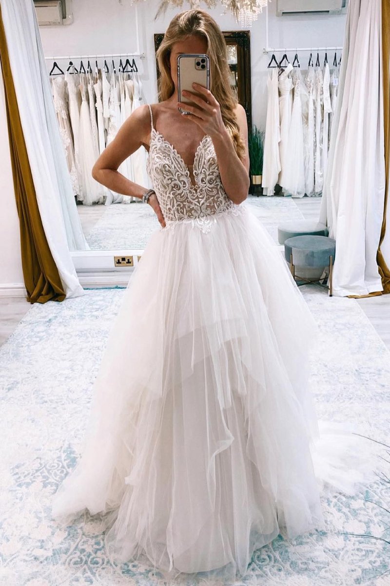 A-Line Backless Tulle Long Wedding Dress with Appliques