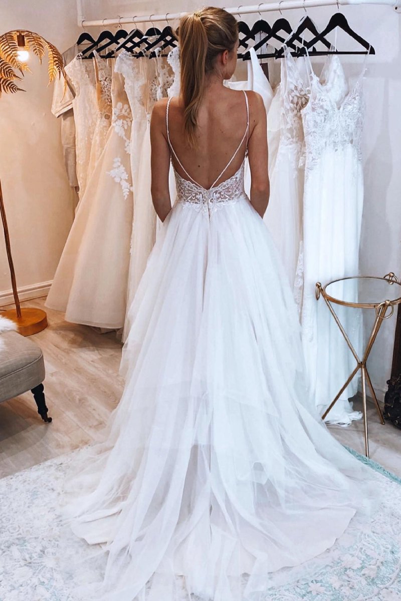 A-Line Backless Tulle Long Wedding Dress with Appliques