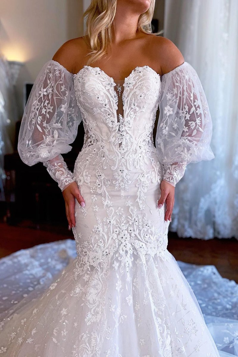 Mermaid Detachable Long Sleeves Lace Wedding Dress