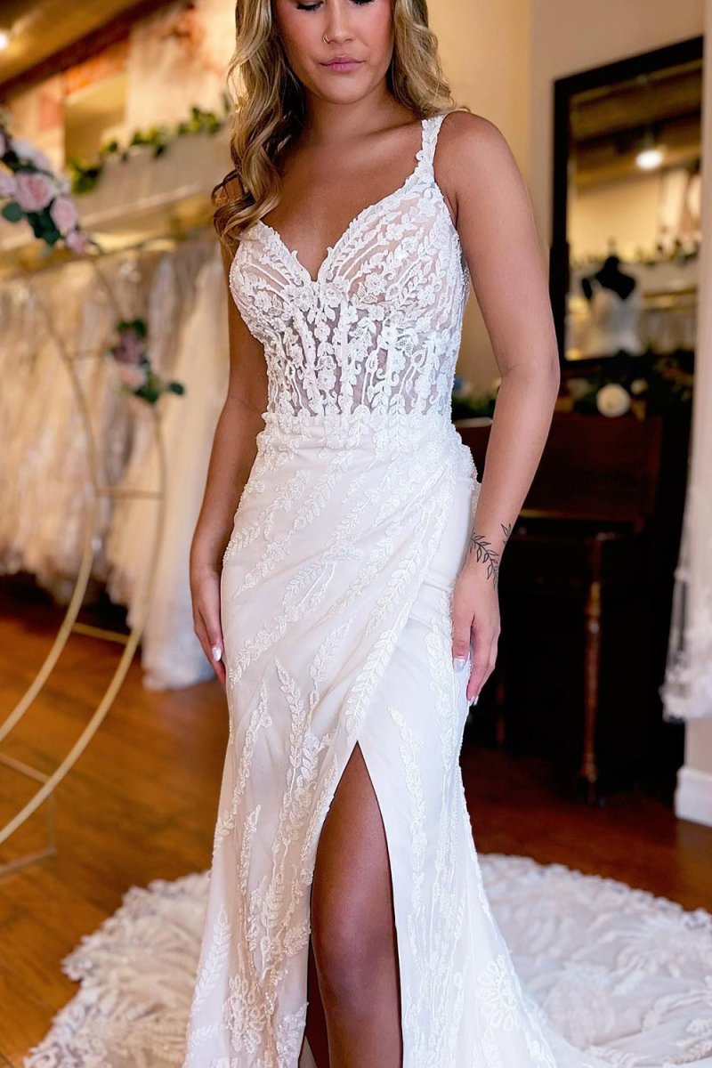 Neck Sheath Long Lace Wedding Dress with Slit