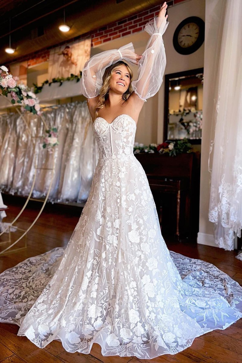 A-Line Ivory Sweetheart Corset Detachable Long Sleeves Long Lace Wedding Dress