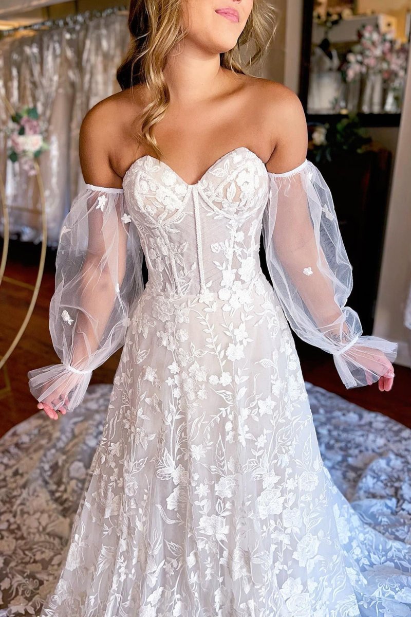 A-Line Ivory Sweetheart Corset Detachable Long Sleeves Long Lace Wedding Dress