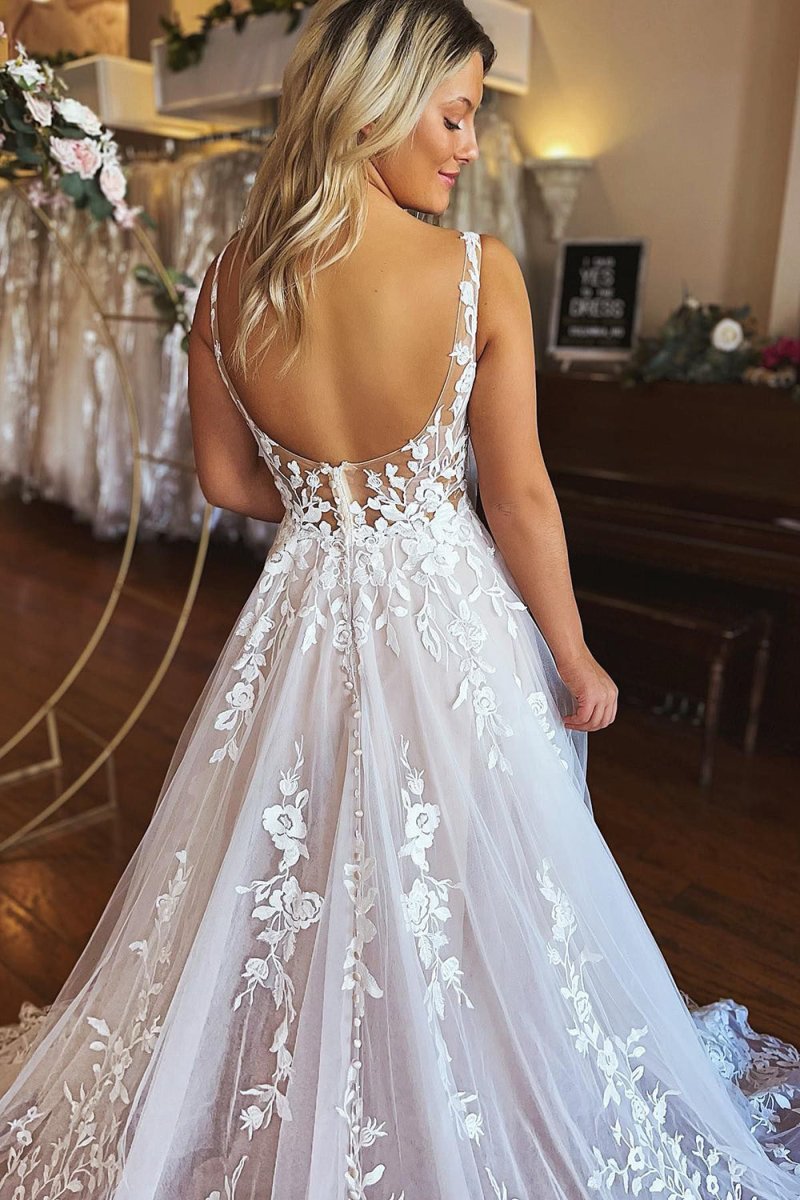 A-Line V-Neck Backless Long Lace Wedding Dress