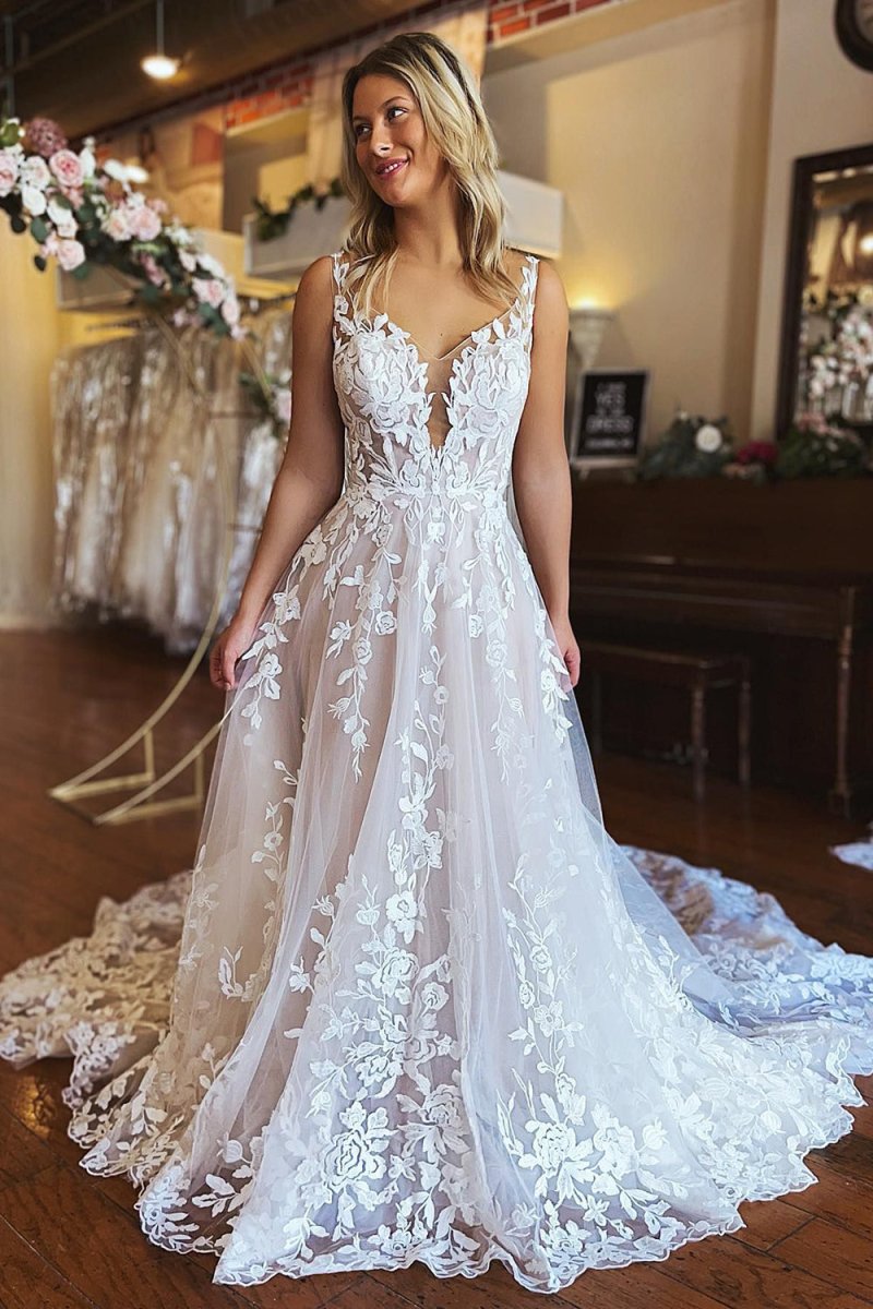 A-Line V-Neck Backless Long Lace Wedding Dress