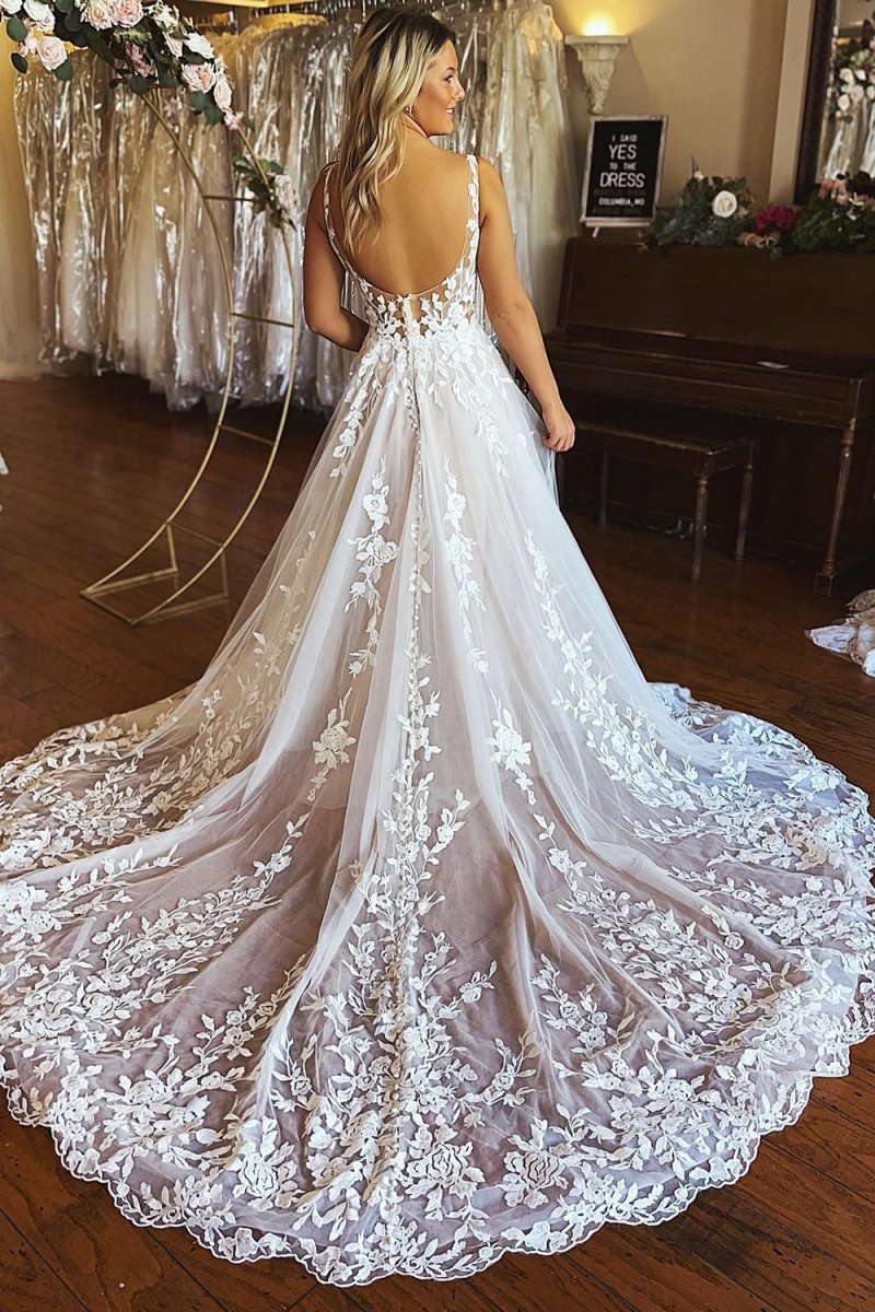 A-Line V-Neck Backless Long Lace Wedding Dress