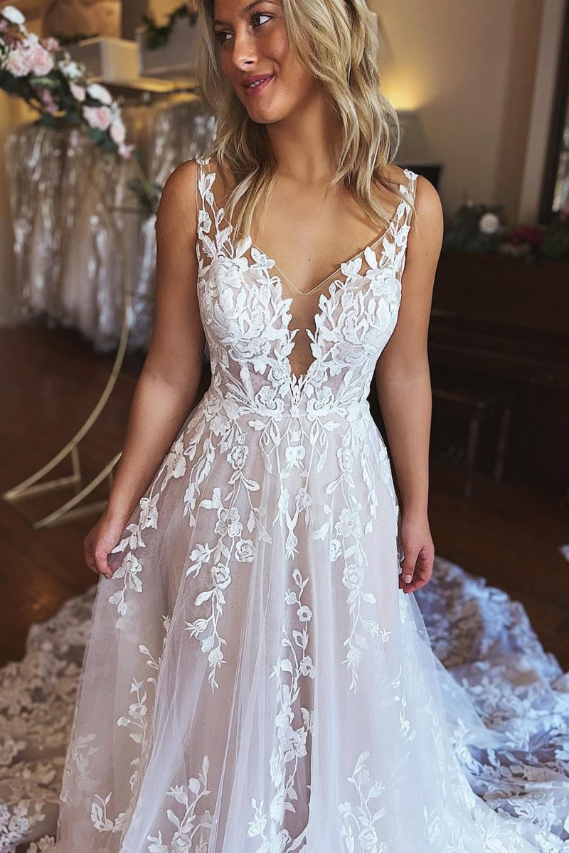 A-Line V-Neck Backless Long Lace Wedding Dress