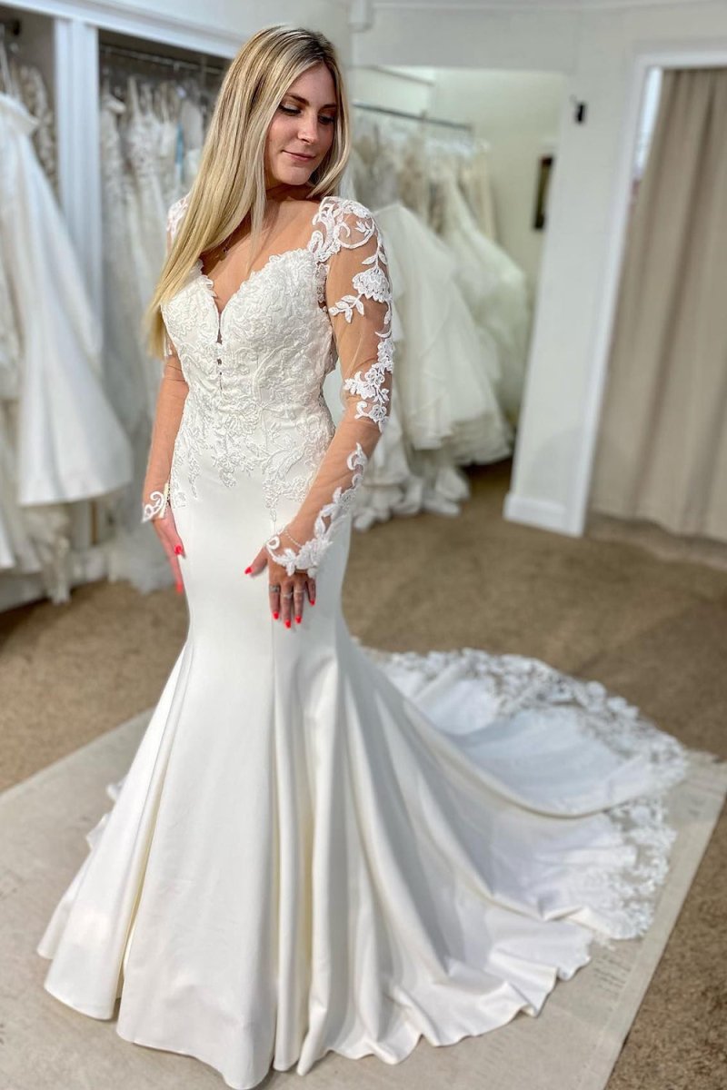 V-Neck Mermaid Long Wedding Dress with Lace