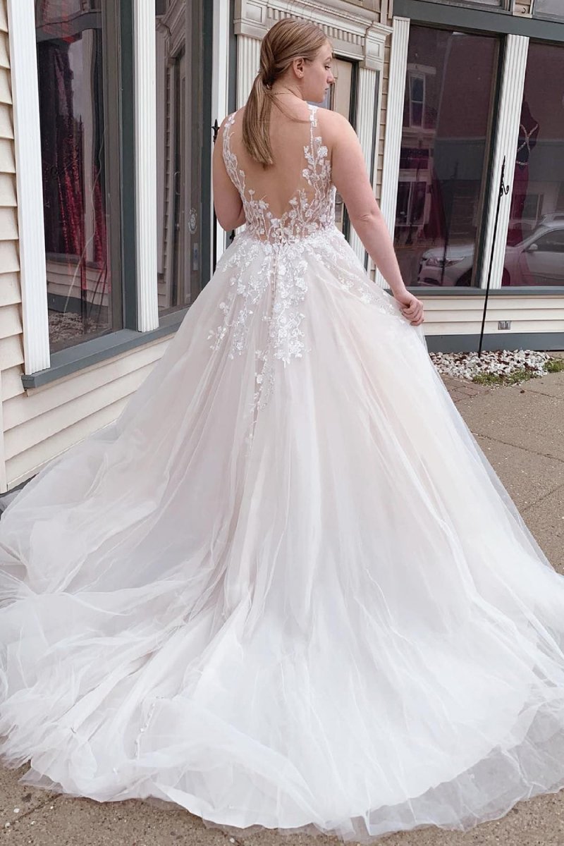 A-Line Tulle Sparkly White Wedding Dress with Appliques