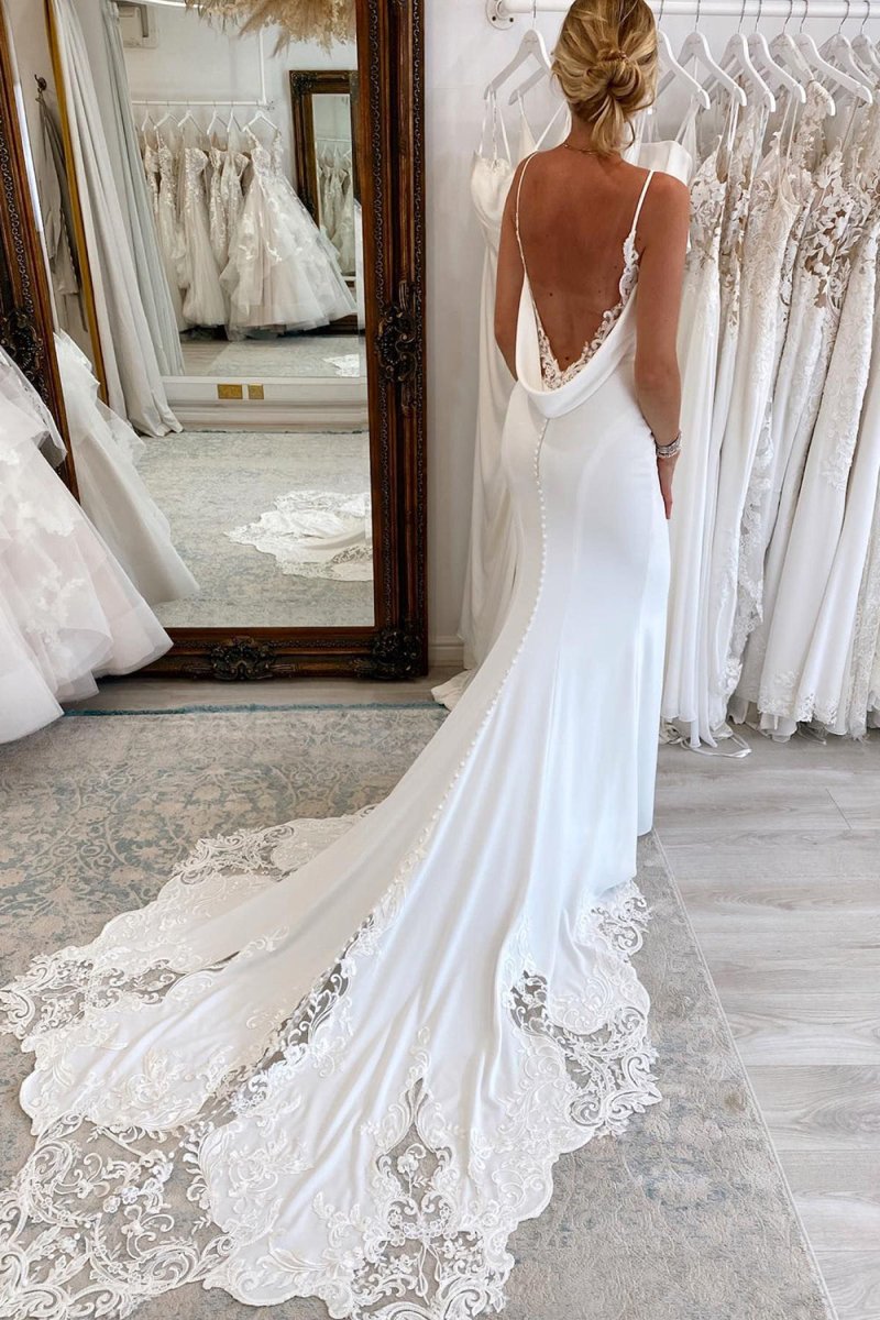 Spaghetti Straps Long Mermaid Boho Wedding Dress with Lace