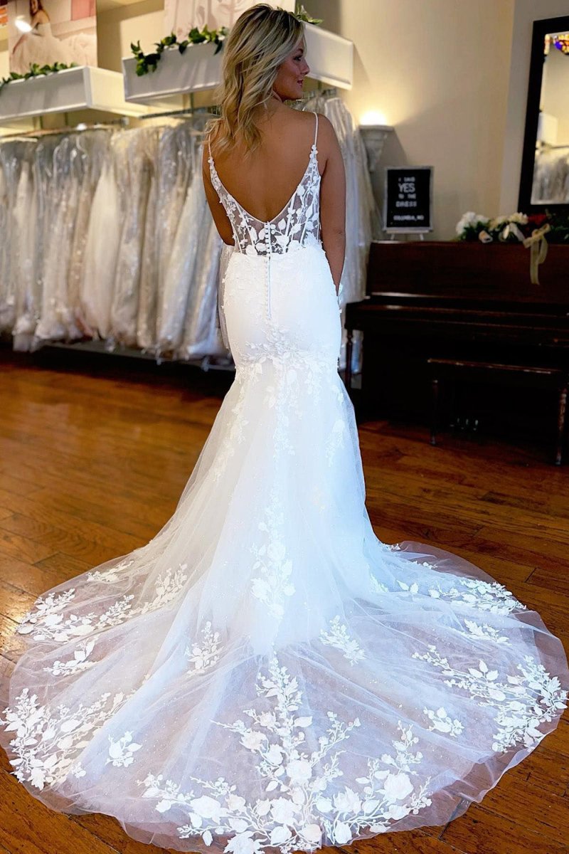 Spaghetti Straps High Slit Mermaid Wedding Dress with Appliques