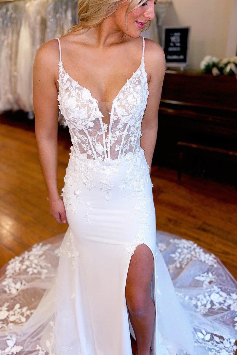Spaghetti Straps High Slit Mermaid Wedding Dress with Appliques