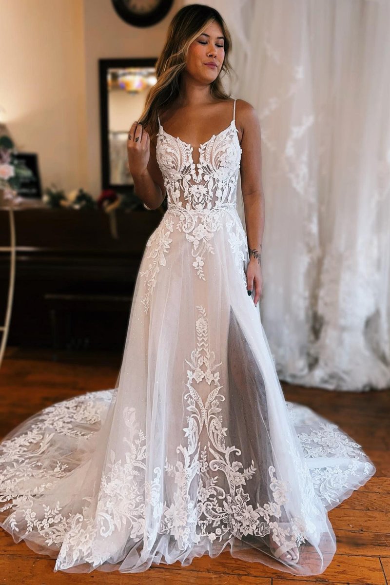 Detachable Sleeve High Slit A-Line Wedding Dress with Appliques