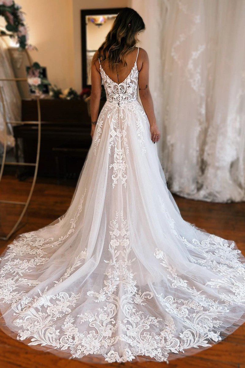 Detachable Sleeve High Slit A-Line Wedding Dress with Appliques
