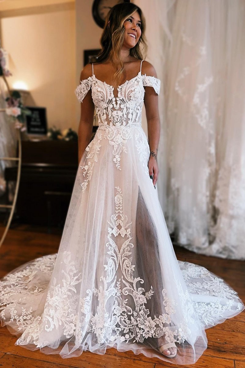 Detachable Sleeve High Slit A-Line Wedding Dress with Appliques