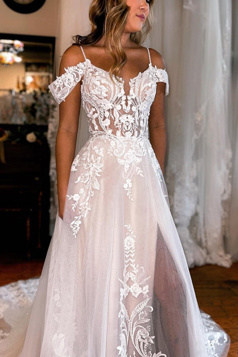 Detachable Sleeve High Slit A-Line Wedding Dress with Appliques