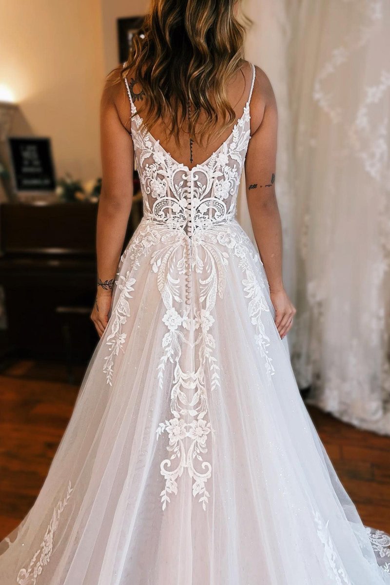 Detachable Sleeve High Slit A-Line Wedding Dress with Appliques
