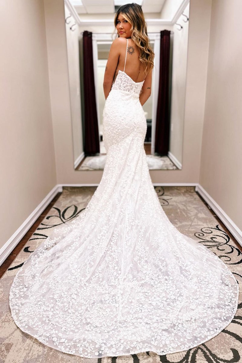 Spaghetti Straps Lace Mermaid Wedding Dress with Train