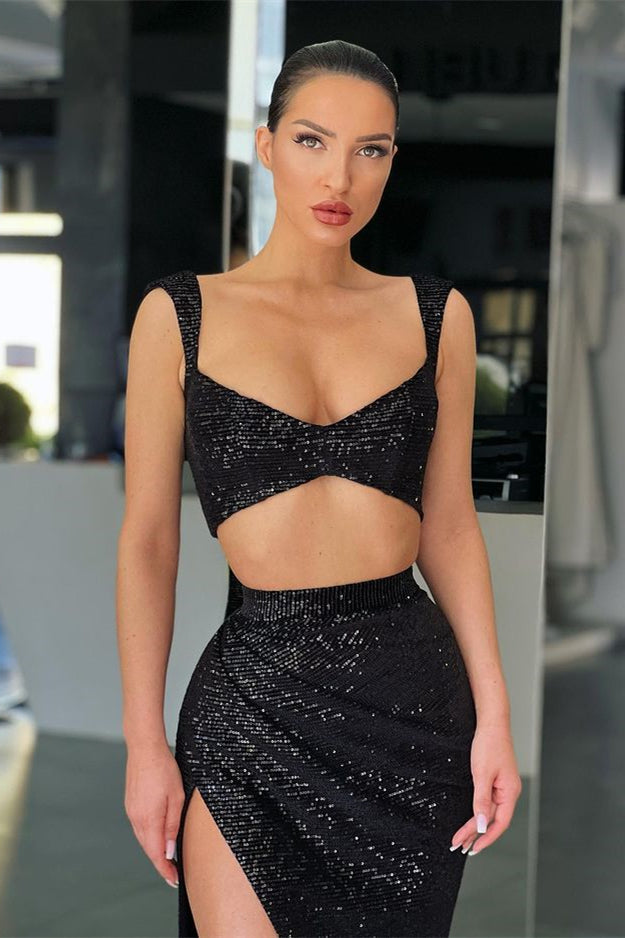 Black Two Piece Sequins Long Mermaid Straps Prom Dress with Split