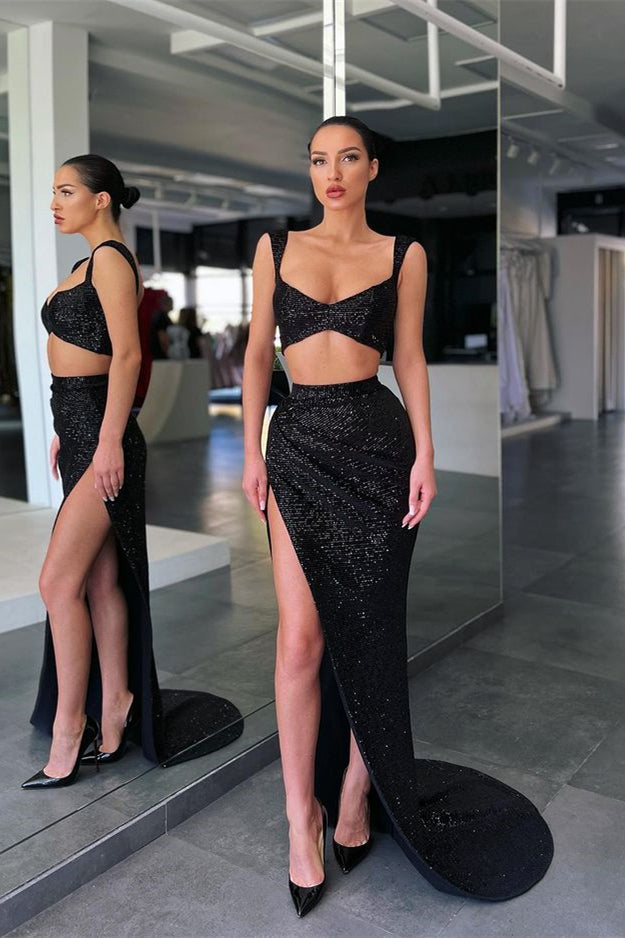 Black Two Piece Sequins Long Mermaid Straps Prom Dress with Split