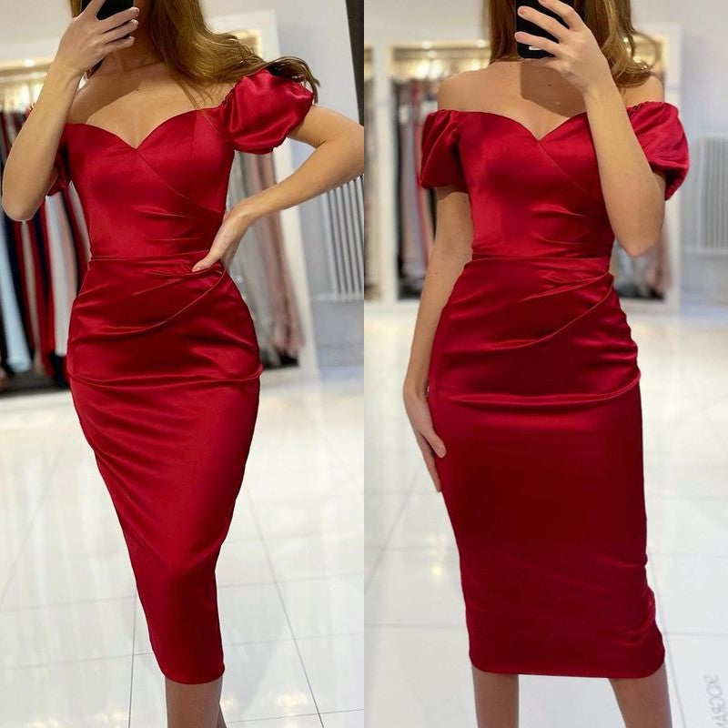 Burgundy Mermaid Off the Shoulder Short Satin Prom Dress