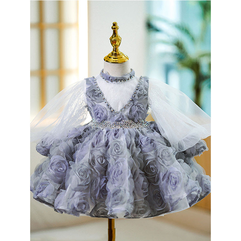 Baby Girl First Communion Dress Flower Girl Princess Dress Rose Beaded Mesh Fluffy Dress