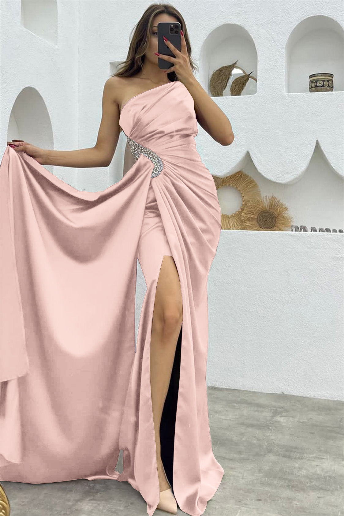 Dark Green Long Ruffles Satin One Shoulder Mermaid Evening Dress with Split