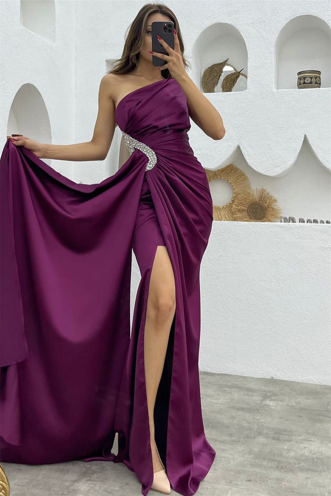 Dark Green Long Ruffles Satin One Shoulder Mermaid Evening Dress with Split