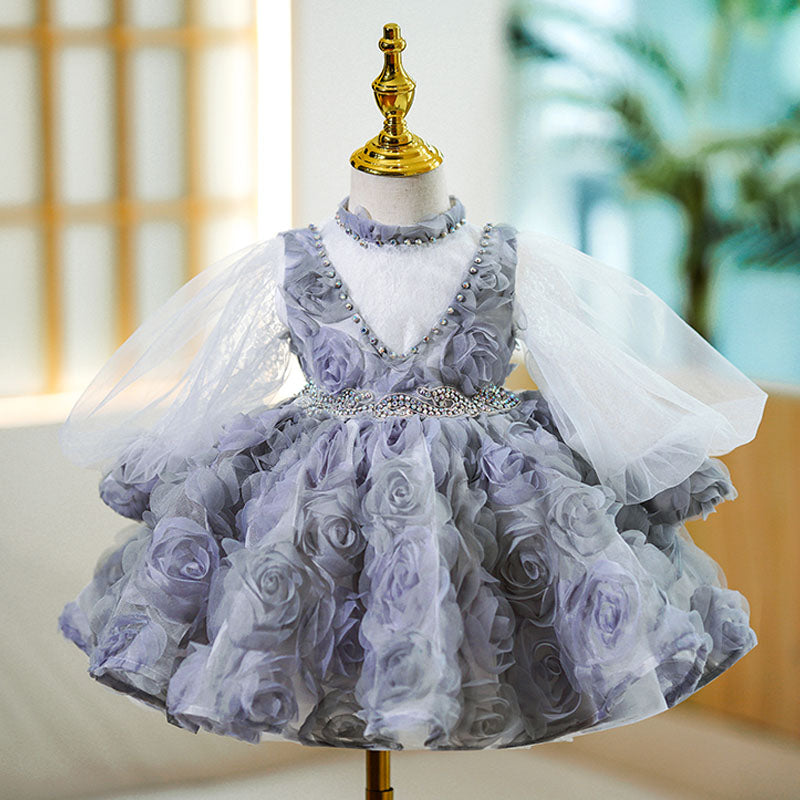 Baby Girl First Communion Dress Flower Girl Princess Dress Rose Beaded Mesh Fluffy Dress
